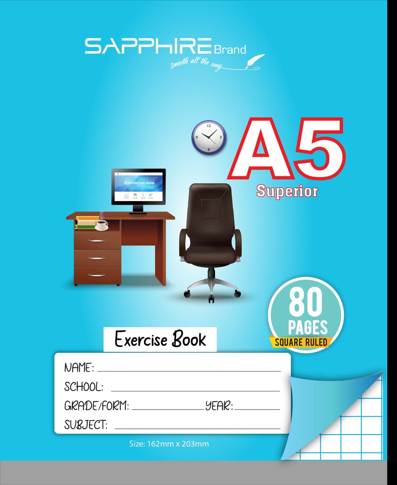 Sapphire Brand A5 Square Ruled exercise book - 80 pages
